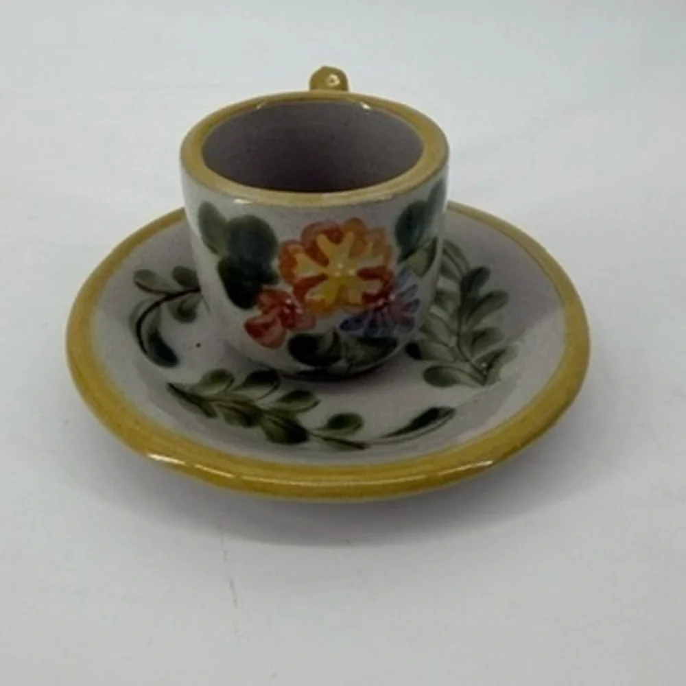 Louisville Stoneware Miniature Cup and Saucer Hand Painted Floral Gray Yellow